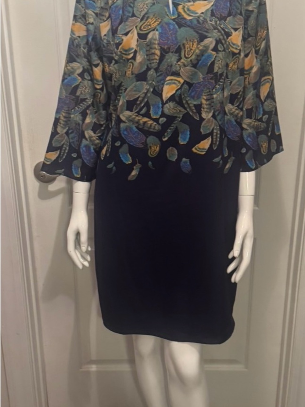 Isaac Mizrahi Navy Dress with Multicolor Feather Print